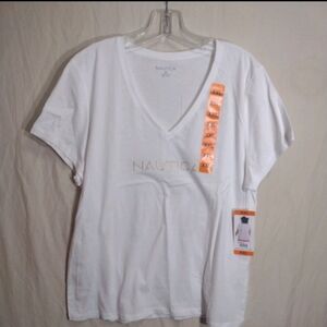 NWT NAUTICA LOGO TEE SOLID WHITE V-NECK SHORT SLEEVE TOP SZ XXL